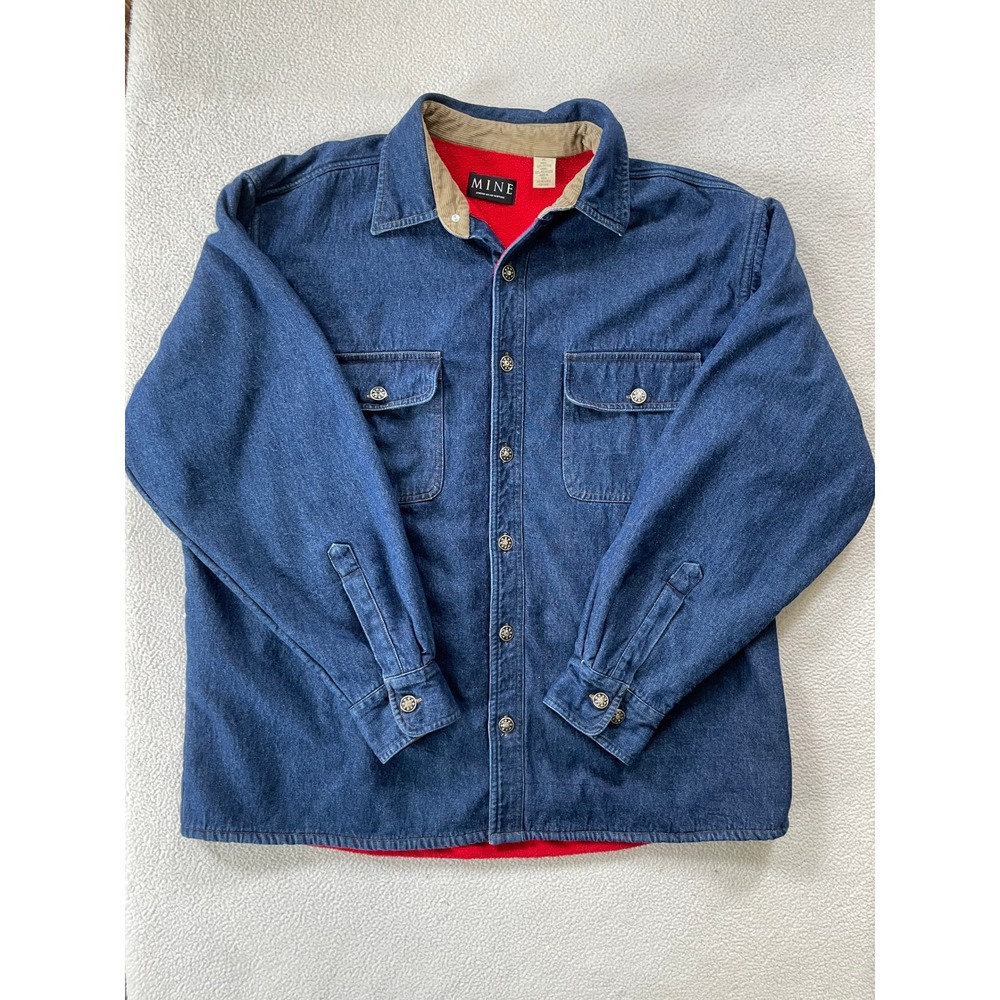 90s Mine Mens Extra Large Denim Shirt Jacket Blue Red Fleece Lined Corduroy Trim